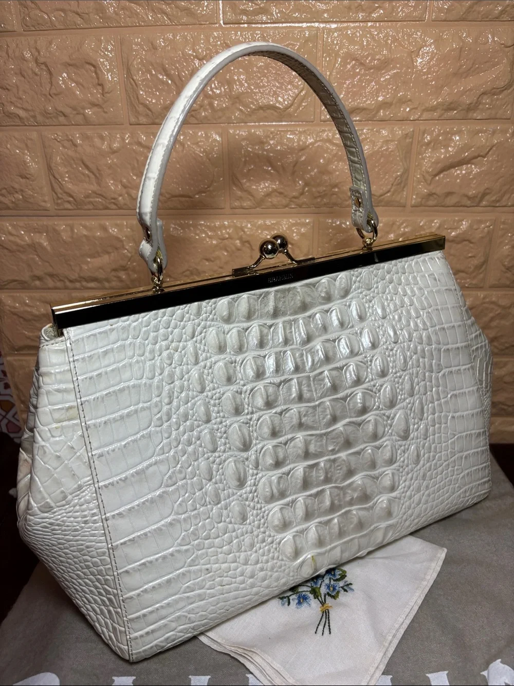 Brahmin White Pearlescent Croc-Embossed Kiss Lock Frame Satchel with Top Handle